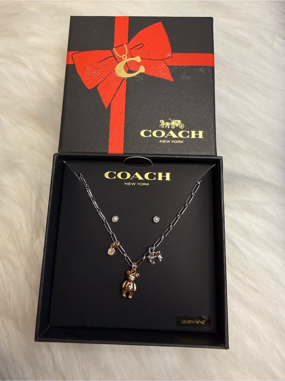 Coach Teddy Bear and Bow Earrings and Necklace Set CCU46 Holiday Gift NWT
